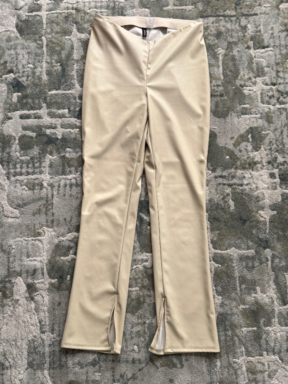 H&M Faux Leather Beige Trousers with a High Waist and Front Slit Hems, Size 10
